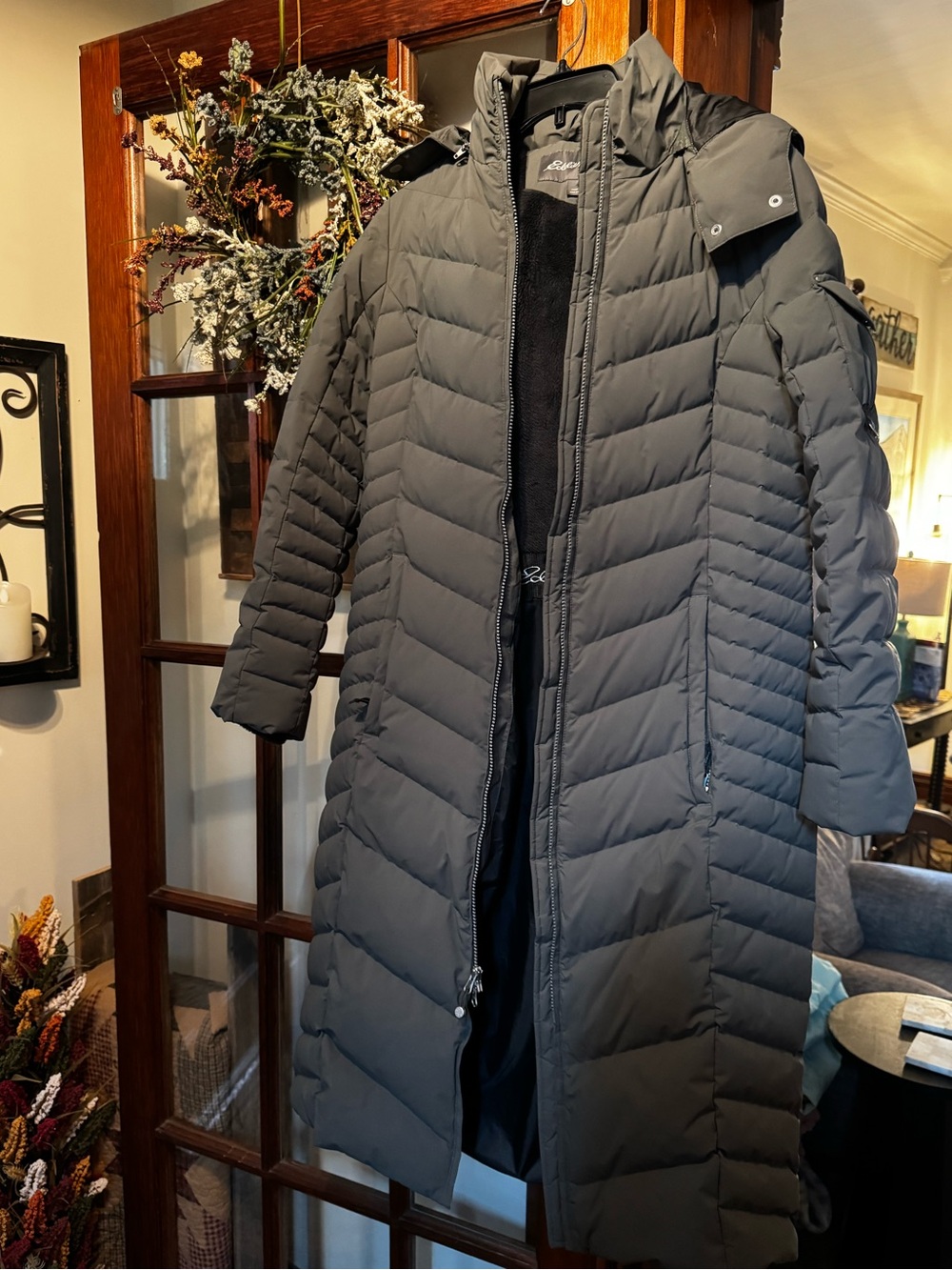 Eddie Bauer Long Quilted Hooded Puffer Coat - Muted Army Green